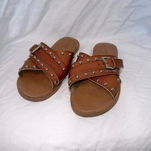 Tan Studded Slide Sandals